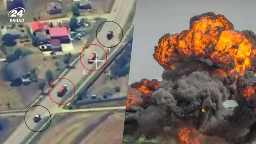 Скриншот відео Роберта «Мадяра» з результатами удару по колоні бензовозів у Приморську